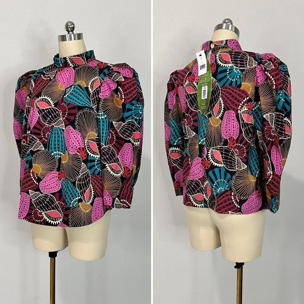 NWT Farm Rio Mock Neck Shell Print Blouse Sz M Boho Coastal Beachy Tribal Batik
